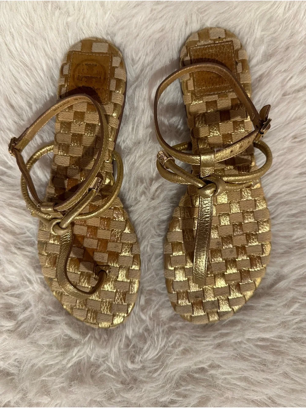 Tory Burch Metallic Gold Woven Leather Sandals